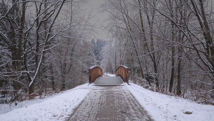 A wooden footbridge covered in snow along a trail during winter