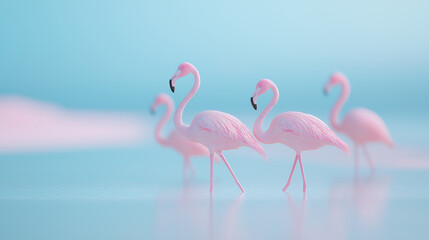 Fototapeta premium Pastel pink flamingos elegantly stride across a serene, tranquil, light blue watery landscape under a soft sky with blurred clouds