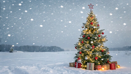 Obraz premium christmas tree with gifts, winter landscape with snow, Snow snowfall snowflakes winter overlay transparent falling background PNG, christmas tree in snow