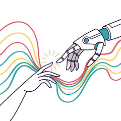 A human hand and a robotic hand touch, emitting light, surrounded by colorful digital waves symbolizing human-AI connection.