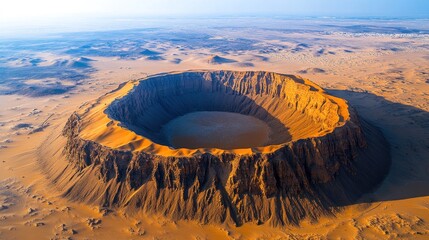 Aerial view of a large desert crater