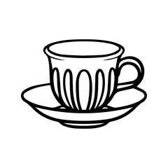Elegant porcelain tea or coffee cup. Beautiful drinkware. Logo for coffee shop, tearoom, restaurant, or cafe. Doodle illustration for menu design.
