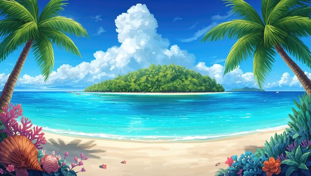 High-resolution 2D cartoon background inspired by Kiribatianime aesthetics
