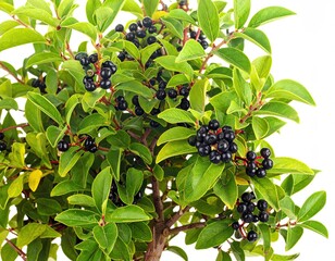 A close-up of a small, healthy shrub with vibrant green leaves and clusters of black berries