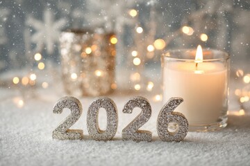 Glittering silver numbers forming &ldquo;2026&rdquo; rest on snow beside a glowing candle, surrounded by soft golden bokeh lights and gentle snowfall in selective focus