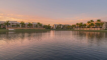 Obraz premium Sunset Reflections Over Lakeside Apartments Amid Trees and Water