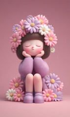 Fototapeta premium Cute Cartoon Style Asian Lady Surrounded by Colorful Flowers in Soft Pastel Design