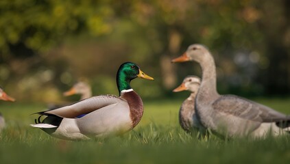 Obraz premium Close-up shot emphasizing a male duck and ducks in their natural habitat.