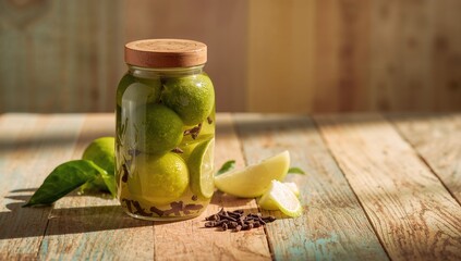 Glass jar filled with spiced pickled limes on a vibrant wooden surface
