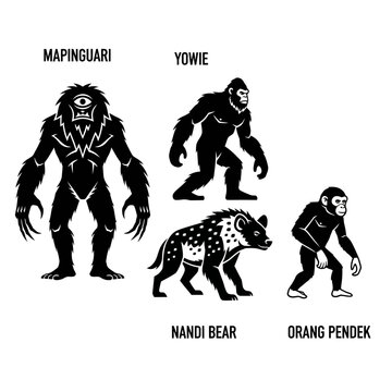 Black and white silhouettes of four cryptids: Mapinguari, Yowie, Nandi Bear, and Orang Pendek, representing legendary creatures.