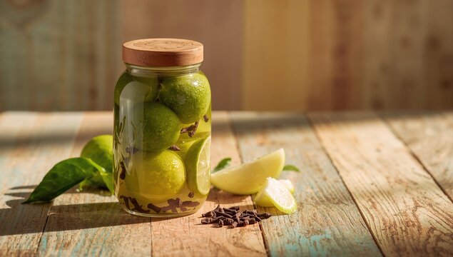 Glass jar filled with spiced pickled limes on a vibrant wooden surface