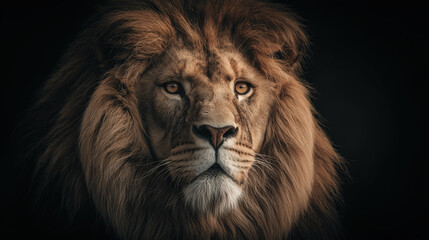 Fototapeta premium Majestic Lion Portrait with Intense Gaze on a Dark Background, Capturing the Fierce Spirit of the King of the Jungle