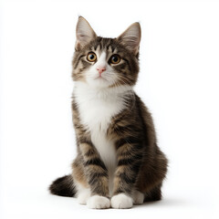 A fluffy brown and white tabby kitten sits attentively, looking upwards with bright, curious eyes