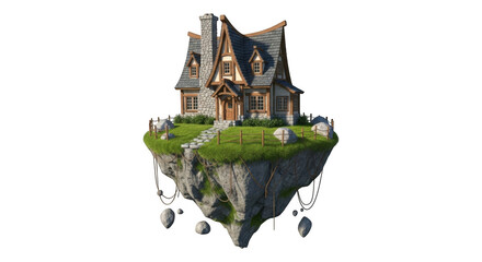 Fantasy Island House on Floating Rock with Greenery Against Isolated Background