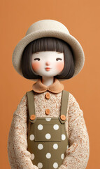 Cute Cartoon Lady in Asian Style with Polka Dot Overalls and Hat, Perfect for Children's Design Projects
