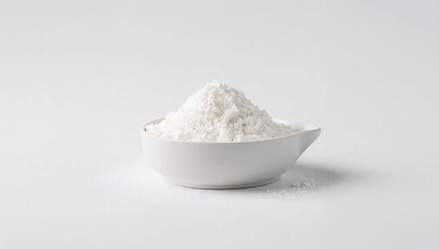 Container filled with baking soda on a plain white surface