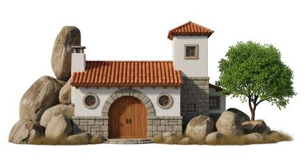 Stone House with Orange Roof and Green Tree Against Isolated Backdrop