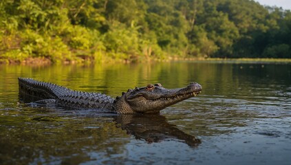 Obraz premium Mature Orinoco Crocodile surfacing from a tropical river