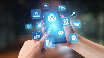 Online property search icons showing real estate rent, sale, housing, location, property management, key, contract, mortgage, home loan, and housing market. Gist