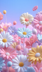 Whimsical Cartoon Flowers in Soft Colors with a Dreamy Background for Imaginative Designs