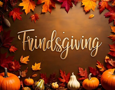 A festive greeting card featuring pumpkins and autumn foliage for a Friendsgiving celebration