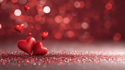 Soft 3D Red Hearts Floating Over Glittering Background with Bokeh Effect for Romantic and Festive Themes