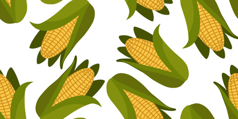 Seamless pattern with yellow corn cobs on white background. Perfect for farm design, kitchen textiles, food packaging, rustic decor and Thanksgiving projects.