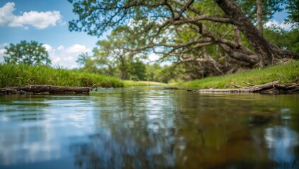 View from Downstream of a Flowing River with Trees and Grass in Summer