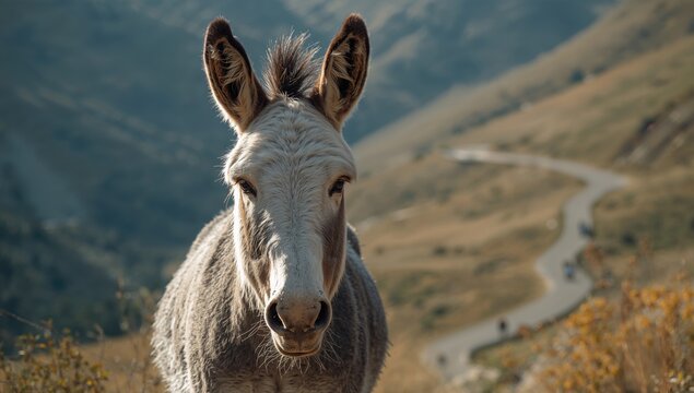Stunning close-up of a wild donkey in a natural mountainous setting