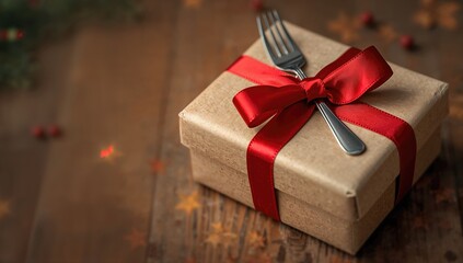 Decorated Cutlery with Red Ribbon on Wooden Surface, Selective Focus with Text Space