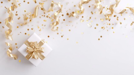 Elegant White Gift Box with Golden Ribbon Surrounded by Floating Confetti and Streamers, Perfect for Celebration Scene