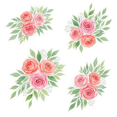 Four watercolor rose bouquets isolated on transparent background
