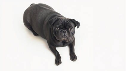 Obraz premium A black pug dog resting on a plain white surface, isolated