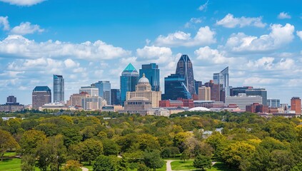 Fototapeta premium Urban skyline and cityscape overlooking a lush park with abstract modern building designs in the central business district.