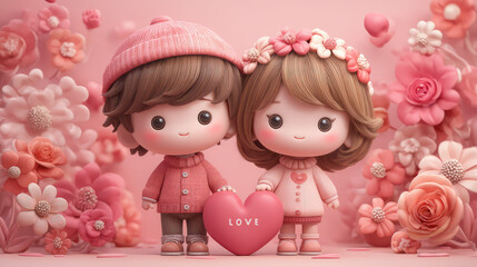 Cute Cartoon Couple Holding Love Heart Surrounded by Pink Flowers for Valentine's Day Celebration