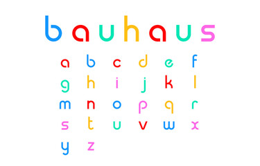 Typeface of Bauhaus Lowercase Alphabet in Rainbow Pastel Colors on White Background