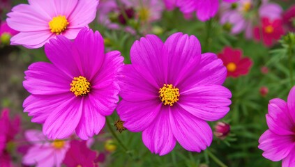 Fototapeta premium A detailed close-up showcasing colorful cosmos blooms thriving in a natural garden environment.