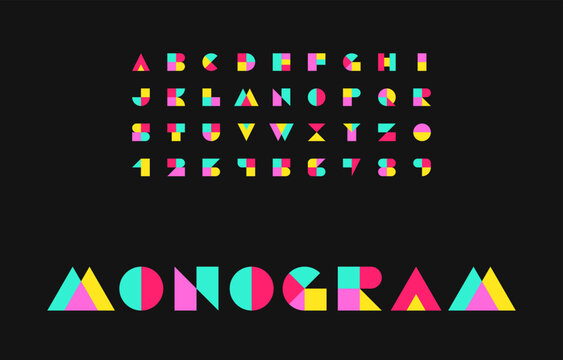 High-Contrast typeface Alphabet and Monogram in Cyan Magenta Yellow on Black Background