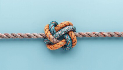 Brightly colored cords knotted together against a pale blue backdrop, symbolizing unity