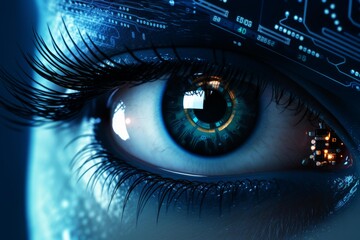 Close up of a futuristic cyborg eye with integrated circuitry, scanning data streams and showcasing advanced technological enhancements
