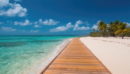 Fototapeta premium View down a timber path beside a sandy shore