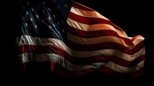 A cinematic close-up of the American flag waves slowly against a dark background, with harsh shadows and dramatic lighting highlighting its folds, motion, and symbolic patriotic theme