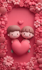 Cute Cartoon Characters Holding Heart Surrounded by Flowers in Pink Theme for Fun and Cheerful Atmosphere