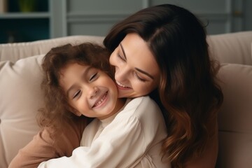 Mom and daughter are embracing on a comfortable sofa, enjoying a precious moment of togetherness