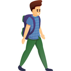 Cartoon man with short brown hair blue eyes wearing a blue plaid shirt green pants and a purple backpack walking on a white background