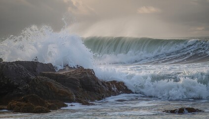 Coastal waves crashing against rocky shore with brown water