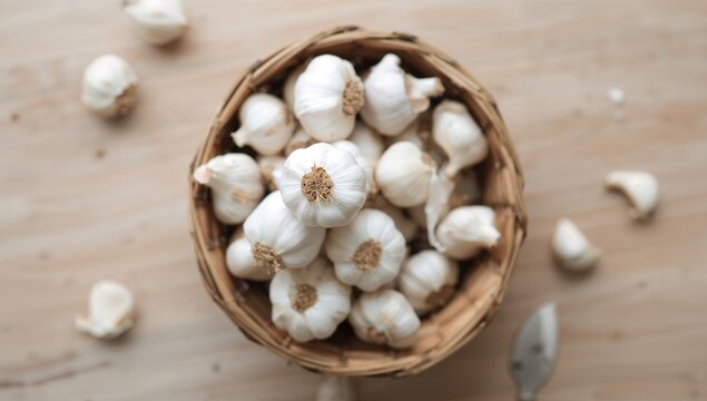 Blurred garlic in a wooden basket on a plain background