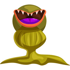 Cartoon Monstrous Plant with Wide Open Mouth Full of Sharp Teeth and Purple Tongue Isolated on Transparent Background
