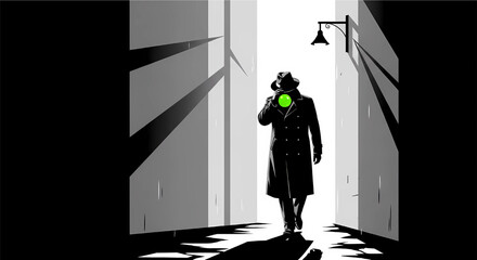 Full-body, high-contrast illustration of a man in a trench coat and fedora walking from light into shadow under a street lamp, with a small green bubble in his mouth.