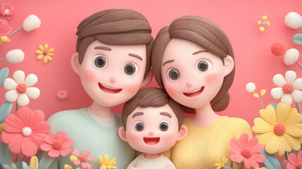 Happy Family of Three with Father, Mother, and Child Surrounded by Colorful Flowers in Playful Setting